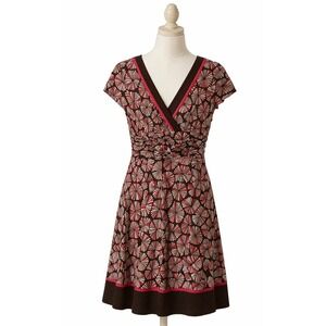 Y2K 90s Pink Brown Floral V Neck Ruched‎ Dress Womens Sz 12 Retro Boho